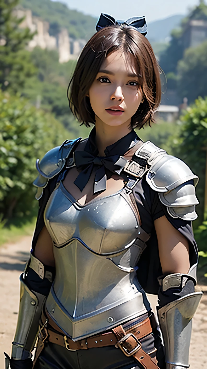 8k,A female adventurer from another world,so beautiful(Like the real thing),((Girl in leather armor:1.4))、Brown Hair,blue eyes,((Woman shooting a bow:1.5))、((A woman with short hair holding a bow:1.4))、Brown combat trousers,Dagger on hip,Walking in mountainous areas,Perfect Face,Perfect hand shape,charm,Volume measurement,Body balance,超High resolution,super Realistic skin,Digital single-lens reflex camera, Soft lighting, high quality, Highly detailed face, Highly detailed eyes, highly detailed skin, skin, Scattered under the surface, Highly detailed face, Highly detailed eyes, Beautiful expression, Lip, Detailed Background, Written boundary depth, Small breasts、Volumetric Lighting, Sharp focus, Absurd, Realistic proportions, Excellent anatomy, (Realistic, 超Realistic:1.4), 16k hdr, dawn,High resolution,super Realistic skin,super Beautiful expression,Fantasy art,Character Art,Dynamic pose,compensate,Brown cloak,Carrying large luggage on your back,