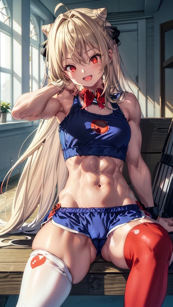 (((1 lolita girl))), when he plows, (Red eyes: 1.5), blond hair, (blond hair: 1.1), by the wide, conical bun, hair ornament, hair shots, He drowned, Stripe, blue bow tie, (tight red workout top and shorts, ((red tight top and shorts)), white thighs, white thigh highs), has, (muscular belly), well muscled abs, Wide hips, Thin waist, small breasts, (((sitting sexy pose))), wearing black heels, {{sitting spreading her legs showing her pussy squeezed by the shorts}}, ((showing tight pussy by short)), {{{Full body photo}}}, smile, happy, with eyes closed, smiling at viewer with open mouth, REST looking at the viewer , breaking and entering, sitting on a bench in a gym, {sitting on a bench in the gym}, interval (masterpiece: 1.2), Best Quality, highest resolution, unity wallpaper 8k, (illustration: 0.8), (beautiful detailed eyes: 1.6), extremely detailed face, perfect lighting, Extremely detailed CG, (perfect anatomy), {anatomically correct}, {{perfect hands, (correct hands)}.