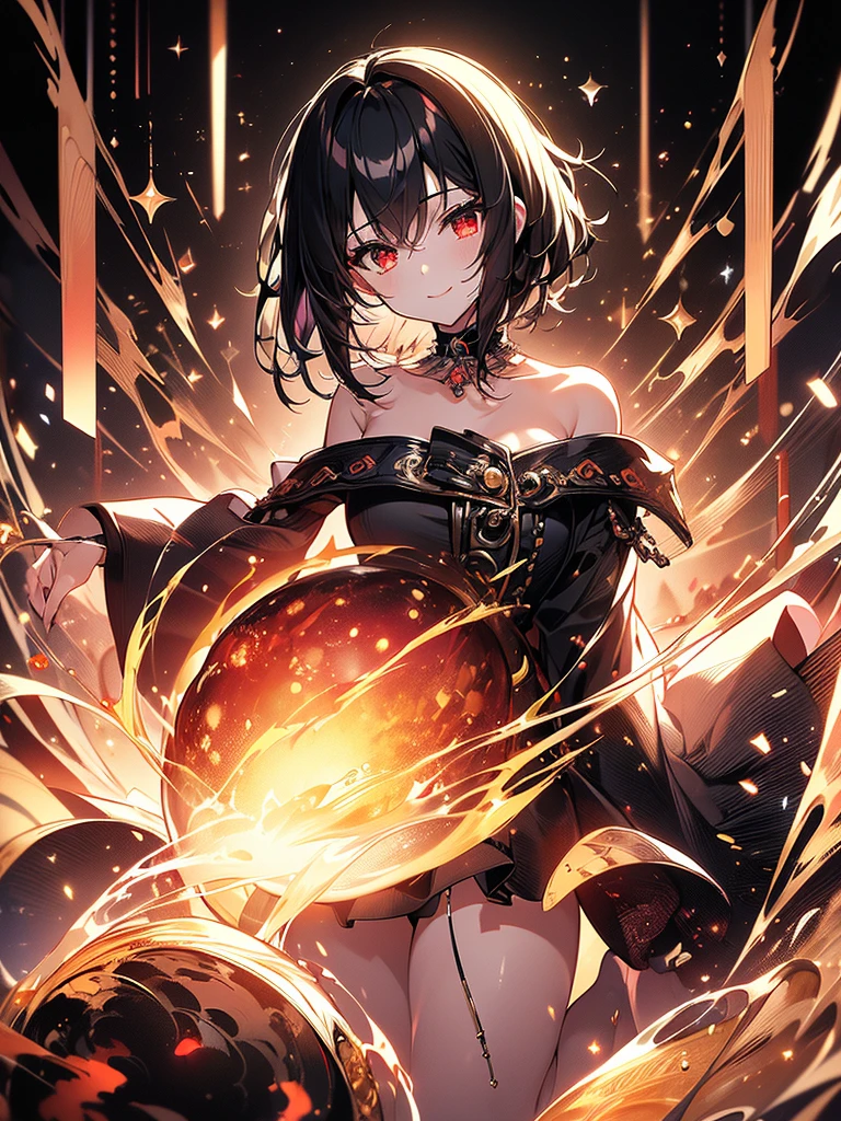 (masterpiece, highest quality, highest quality, (No text), Beautiful and aesthetic:1.2),No text,アニメ、BREAK,One Girl,Black Hair Girl short hair older sister choker Beautiful eyes Red eyes cool smile Red and Black Black jacket mini skirt whole body In town