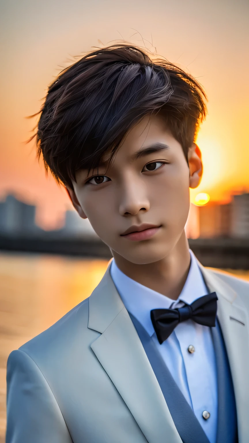 Highest quality, masterpiece, Ultra-high resolution, (Realistic: 1.4), Original photo, wallpaper, Head Photo, skin, Simple Background, Iris, detailed, Selfie, 1 boy, 18-year-old, good looking, Wind,suit、Sunset