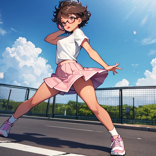 Really embarrassed tomboy girl, with short gray curly  hair, brown skin and  glasses, In  sexy pink mini White skirt windy , white panties , full body, dynamic poses 