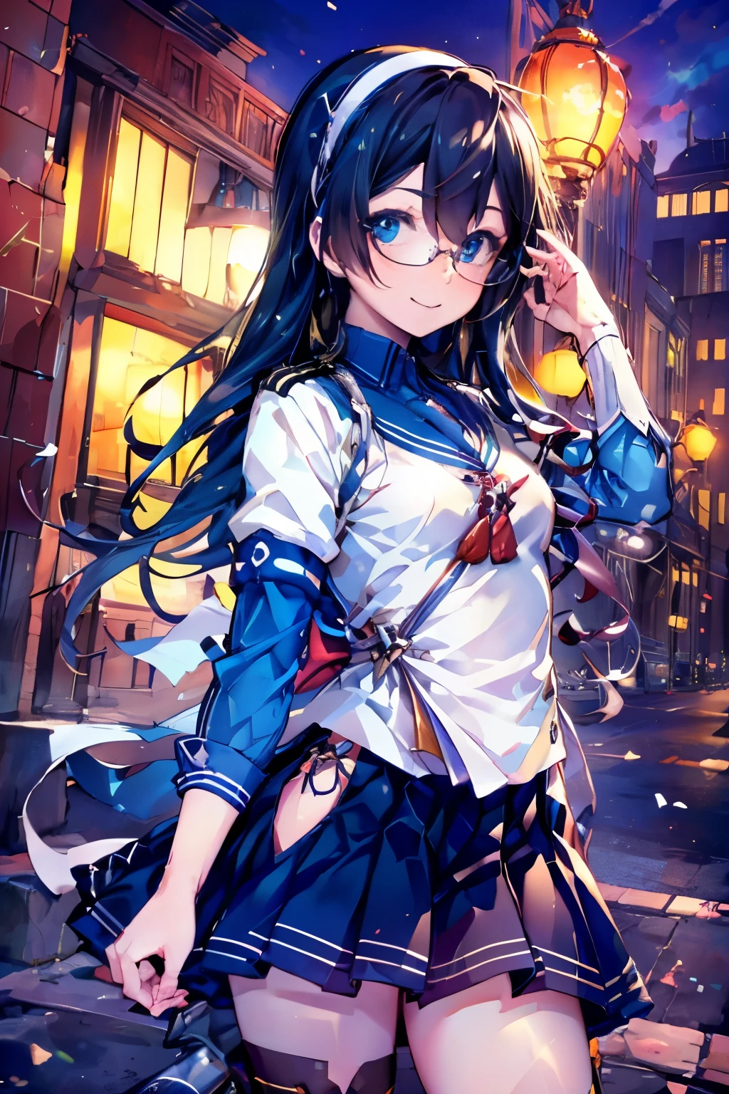 Browsing Caution((masterpiece)),((Highest quality)),((Ultra-high resolution)),((Highest Resolution)),((Very detailed build)),((Professional Lighting)),((cowboy)),((on the breakwater)),((Standing posture)),Kantai Collection,Oyodo,((smile:1.4)),Professional Lighting,Black straight hair,hair band,((Small breasts)),((Flip up the skirt)),((Glasses)),boots,White uniform,Navy Blue Skirt,Blue panties,