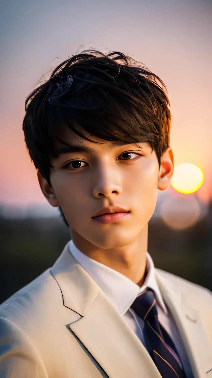 Highest quality, masterpiece, Ultra-high resolution, (Realistic: 1.4), Original photo, wallpaper, Head Photo, skin, Simple Background, Iris, detailed, Selfie, 1 boy, 18-year-old, good looking, Wind,suit、Sunset