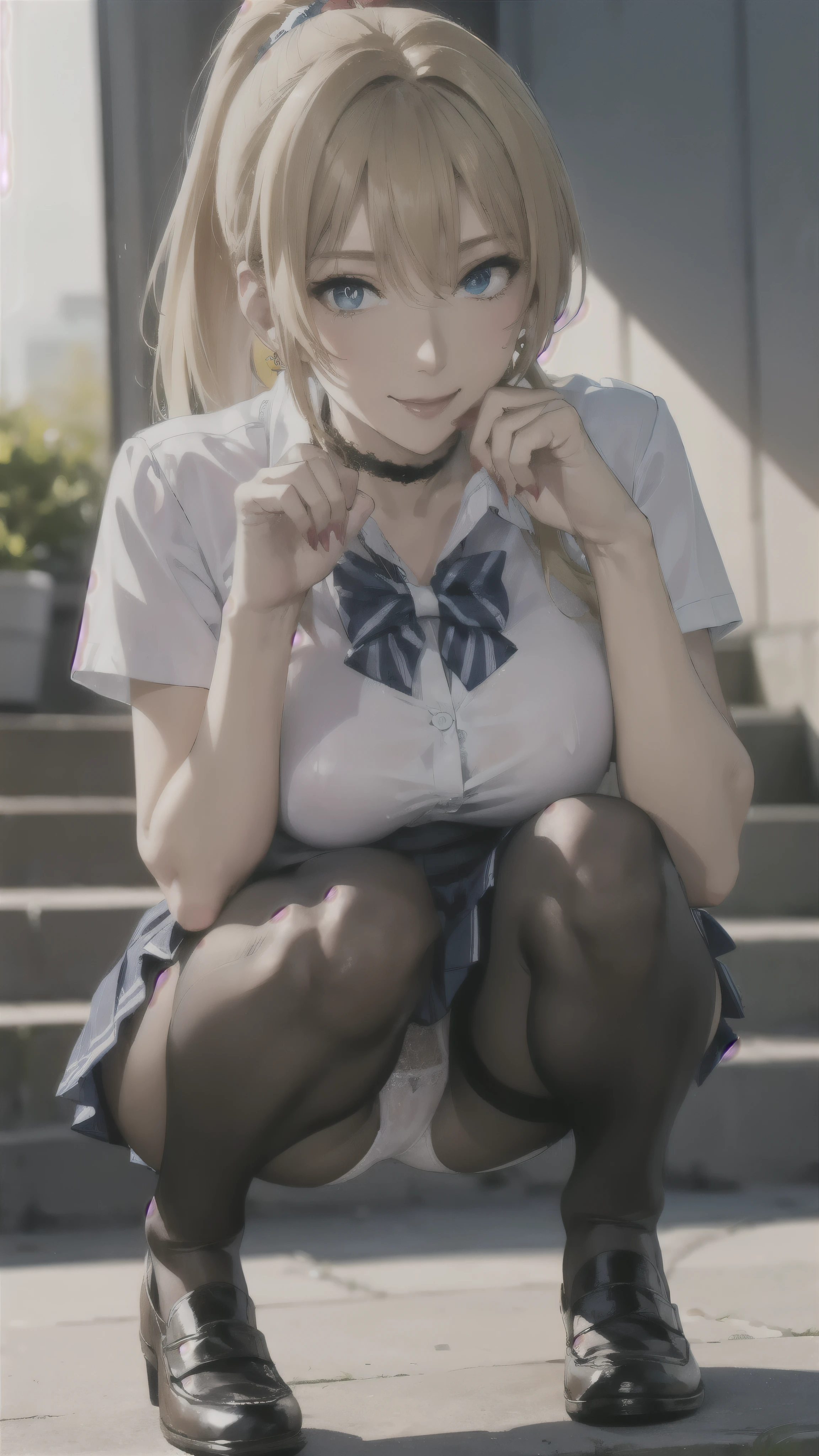 ((Lacy white panties)),((high school girl)),((school uniform)),((White blouse)),(((Pleated mini skirt))), ((A shy smile)),((Beautiful legs)),((Beautiful feet)),((squat)),Ultra-high resolution, Mature Woman, Mature Woman, Very detailed, ((Big Breasts)), Perfect hands, Detailed fingers, Beautiful details, (((school uniform))),((Long blonde hair)),((ponytail)),Black choker, Earrings,loafers,(Black Pantyhose), (Black Stockings),Perfect Eyes, Seductive eyes, School stairs,Are standing