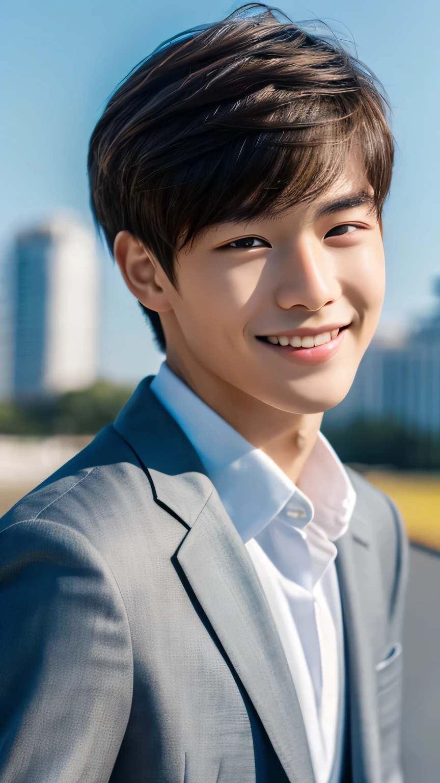 Highest quality, masterpiece, Ultra-high resolution, (Realistic: 1.4), Original photo, wallpaper, Head Photo, skin, Simple Background, Iris, detailed, Selfie, 1 boy, 18-year-old, good looking, Wind,suit、smile
