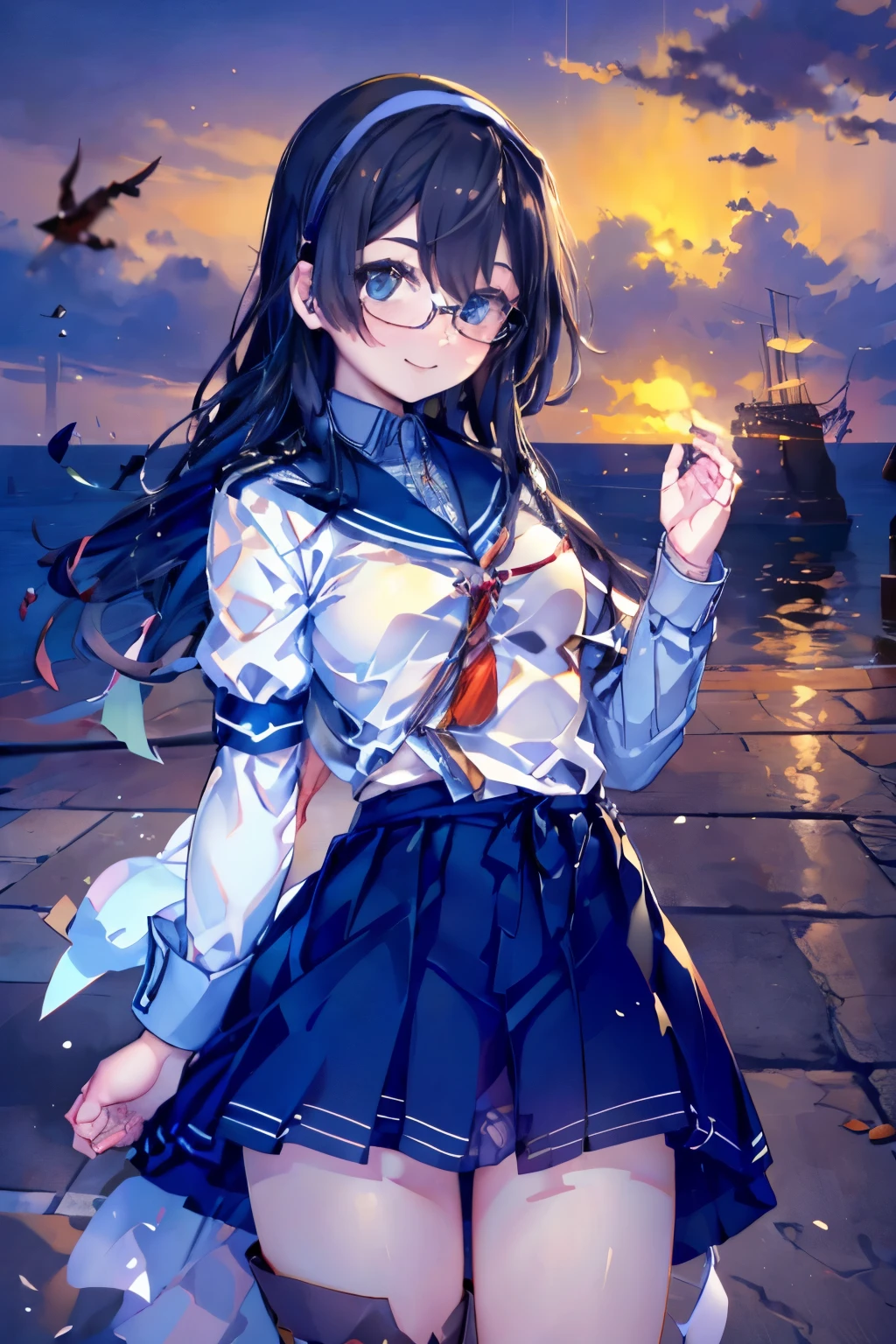 Browsing Caution((masterpiece)),((Highest quality)),((Ultra-high resolution)),((Highest Resolution)),((Very detailed build)),((Professional Lighting)),((cowboy)),((on the breakwater)),((Standing posture)),Kantai Collection,Oyodo,((smile:1.4)),Professional Lighting,Black straight hair,hair band,((Small breasts)),((Flip up the skirt)),((Glasses)),boots,White uniform,Navy Blue Skirt,