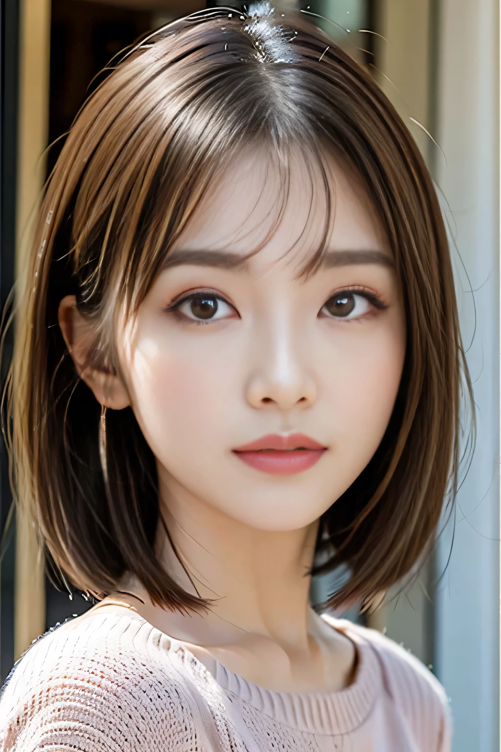 8k, High resolution, High resolution, RAW Photos, masterpiece, Highest quality, Sharp focus, Hyper Detail, In detail, Close-up photo with focus on face、
One Japanese woman、28-year-old housewife、Egg-shaped face, Have big, beautiful eyes, Fuller lips, Thick eyebrows and long, beautiful eyelashes. Transparent throughout makeup, Apply a touch of pink to your cheeks、Put on some lip gloss. Her hairstyle is a light brown short bob.、Golden mesh、