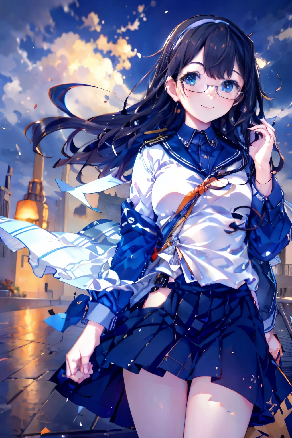 Browsing Caution((masterpiece)),((Highest quality)),((Ultra-high resolution)),((Highest Resolution)),((Very detailed build)),((Professional Lighting)),((cowboy)),((on the breakwater)),((Standing posture)),Kantai Collection,Oyodo,((smile:1.4)),Professional Lighting,Black straight hair,hair band,((Small breasts)),((Flip up the skirt)),((Glasses)),boots,White uniform,Navy Blue Skirt,((A strong wind is blowing)),