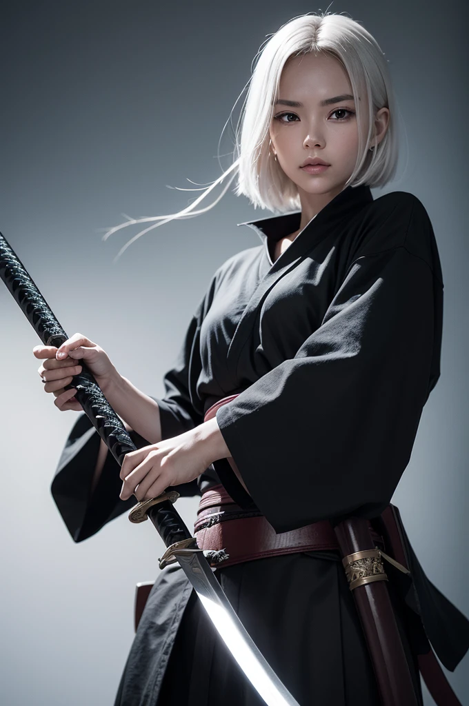 Create an image in which a white hand holds the hilt of a katana with a large, shiny black blade, the handle of the katana is dark and with some details

