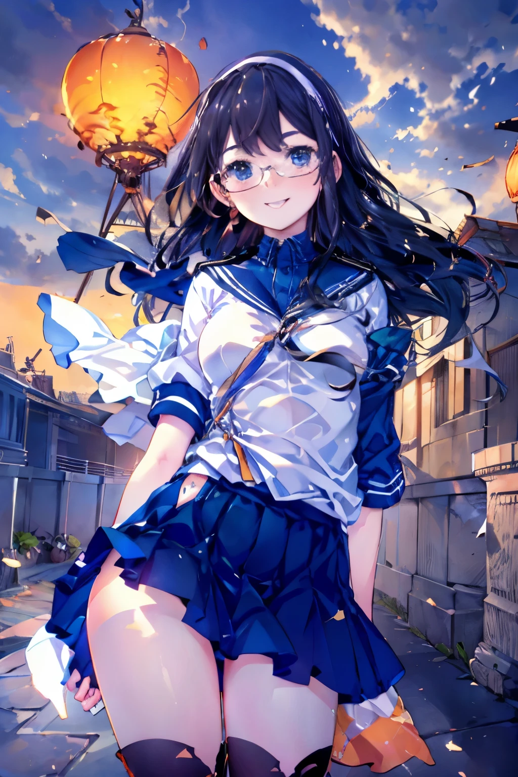 Browsing Caution((masterpiece)),((Highest quality)),((Ultra-high resolution)),((Highest Resolution)),((Very detailed build)),((Professional Lighting)),((cowboy)),((on the breakwater)),((Standing posture)),blue sky,Kantai Collection,((Oyodo)),((smile:1.4)),Professional Lighting,Black straight hair,hair band,((Small breasts)),((Flip up the skirt)),((Glasses)),boots,White uniform,Navy Blue Skirt,((A strong wind is blowing)),