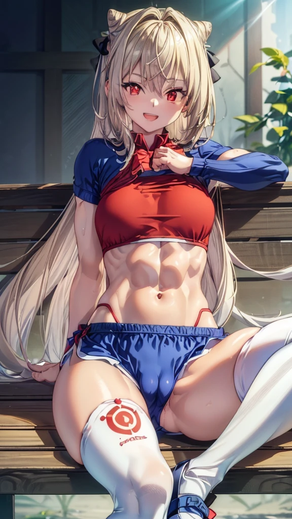 (((1 lolita girl))), when he plows, (Red eyes: 1.5), blond hair, (blond hair: 1.1), by the wide, conical bun, hair ornament, hair shots, He drowned, Stripe, blue bow tie, (tight red workout top and shorts, ((red tight top and shorts)), white thighs, white thigh highs), has, (muscular belly), well muscled abs, Wide hips, Thin waist, small breasts, (((sitting sexy pose))), wearing black heels, {{sitting spreading her legs showing her pussy squeezed by the shorts}}, ((showing tight pussy by short)), {{{Full body photo}}}, smile, happy, with eyes closed, smiling at viewer with open mouth, REST looking at the viewer , breaking and entering, sitting on a bench in a gym, {sitting on a bench in the gym}, interval (masterpiece: 1.2), Best Quality, highest resolution, unity wallpaper 8k, (illustration: 0.8), (beautiful detailed eyes: 1.6), extremely detailed face, perfect lighting, Extremely detailed CG, (perfect anatomy), {anatomically correct}, {{perfect hands, (correct hands)}.