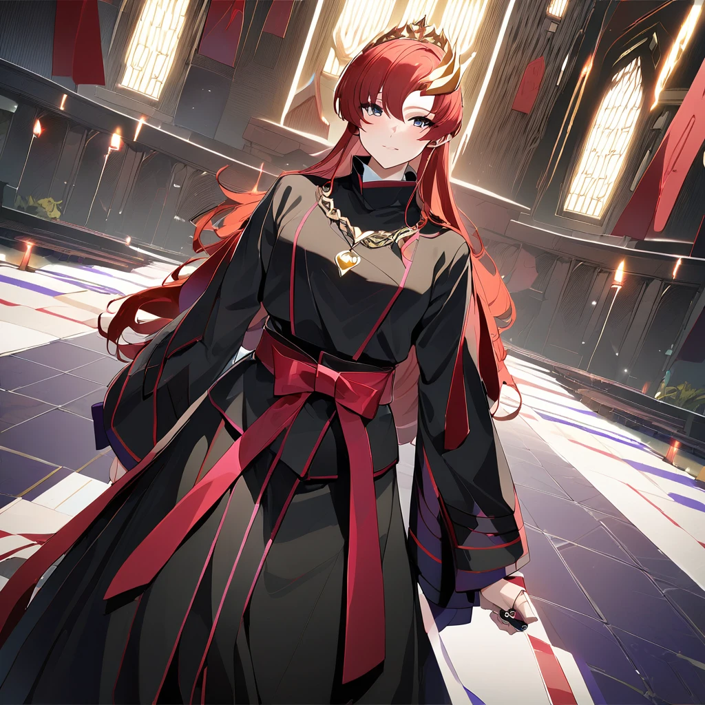 ((Highest quality)), ((masterpiece)), (detailed), (Perfect Face)、The woman is Lacus Clyne, the wife of the leader of the evil god cult, the saint of darkness, and the shrine maiden of the evil god. She has blue eyes, pink semi-long hair, and a hair ornament, and is a gorgeous and delicately detailed disaster.々She is wearing a beautiful black evil god shrine maiden outfit, an evil god necklace and other evil accessories, a gorgeous evil god head chain tiara, and an engagement ring.、The woman is the wife of a middle-aged, bearded cult leader who is revered by a mysterious cult of evil gods.、He is standing at the altar of the Evil God Cult with a mysterious cult leader dressed in luxurious cult leader clothing.