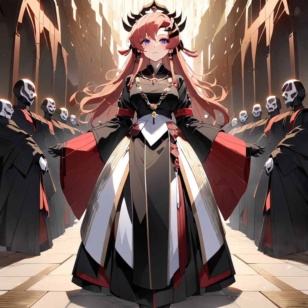 ((Highest quality)), ((masterpiece)), (detailed), （Perfect Face）、The woman is Lacus Clyne, the wife of the leader of the evil god cult, the saint of darkness, and the shrine maiden of the evil god. She has blue eyes, pink semi-long hair, and a hair ornament, and is a gorgeous and delicately detailed disaster.々She is wearing a beautiful black evil god shrine maiden outfit, an evil god necklace and other evil accessories, a gorgeous evil god head chain tiara, and an engagement ring.、The woman is the wife of a middle-aged, bearded cult leader who is revered by a mysterious cult of evil gods.、He is standing at the altar of the Evil God Cult with a mysterious cult leader dressed in luxurious cult leader clothing.