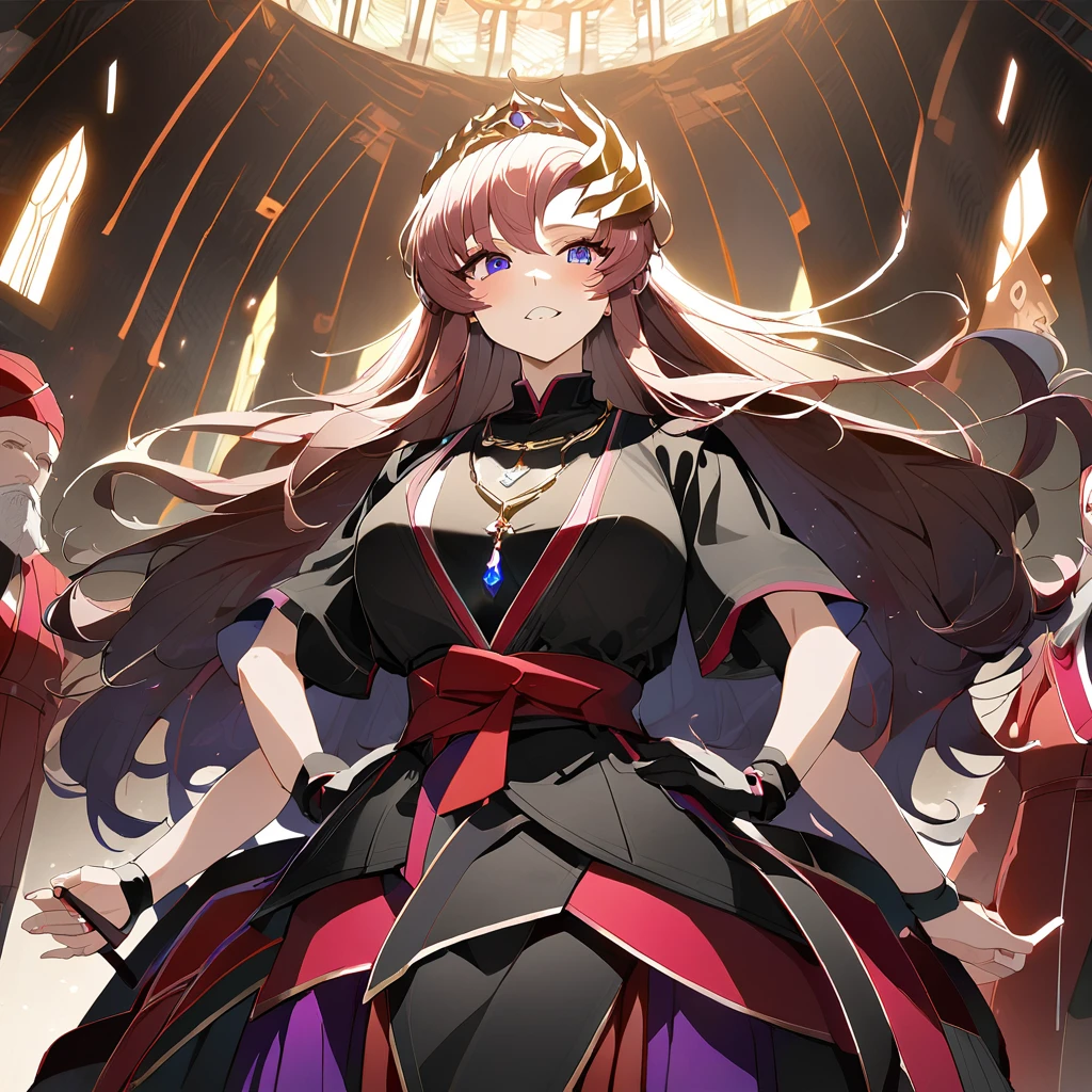 ((Highest quality)), ((masterpiece)), (detailed), (Perfect Face)、The woman is Lacus Clyne, the wife of the leader of the evil god cult, the saint of darkness, and the shrine maiden of the evil god. She has blue eyes, pink semi-long hair, and a hair ornament, and is a gorgeous and delicately detailed disaster.々She is wearing a beautiful black evil god shrine maiden outfit, an evil god necklace and other evil accessories, a gorgeous evil god head chain tiara, and an engagement ring.、The woman is the wife of a middle-aged, bearded cult leader who is revered by a mysterious cult of evil gods.、He is standing at the altar of the Evil God Cult with a mysterious cult leader dressed in luxurious cult leader clothing.