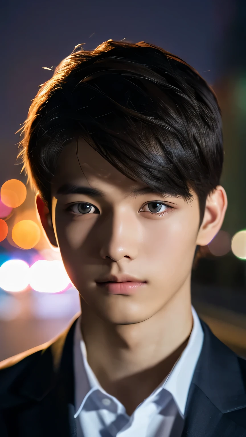 Highest quality, masterpiece, Ultra-high resolution, (Realistic: 1.4), Original photo, wallpaper, Head Photo, skin, Simple Background, Iris, detailed, Selfie, 1 boy, 18-year-old, good looking, Wind,suit、night