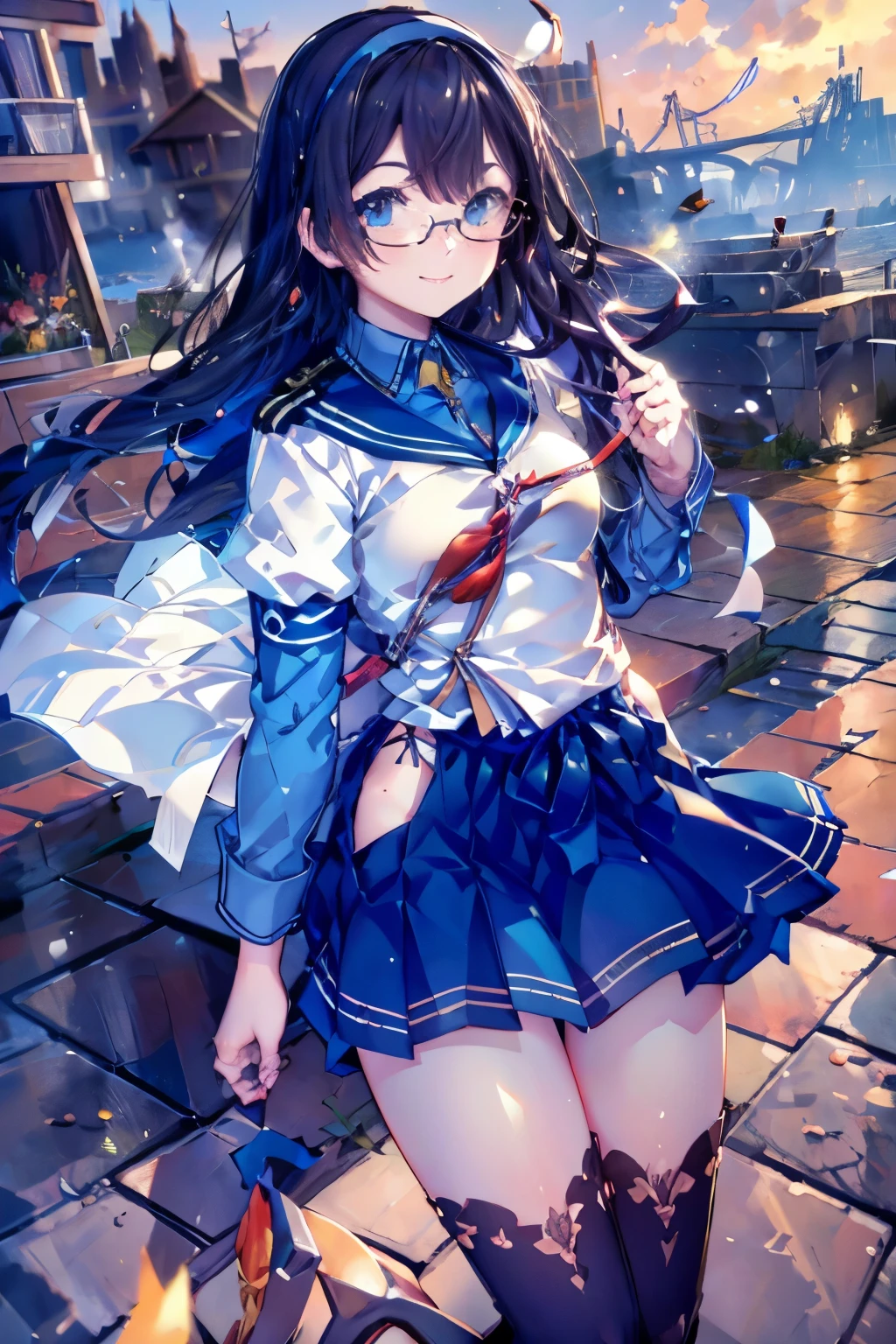 Browsing Caution((masterpiece)),((Highest quality)),((Ultra-high resolution)),((Highest Resolution)),((Very detailed build)),((Professional Lighting)),((cowboy)),((on the breakwater)),((Standing posture)),blue sky,Kantai Collection,((Oyodo)),((smile:1.4)),Professional Lighting,Black straight hair,hair band,((Small breasts)),((Hold down the skirt)),((Glasses)),boots,White uniform,Navy Blue Skirt,((A strong wind is blowing)),