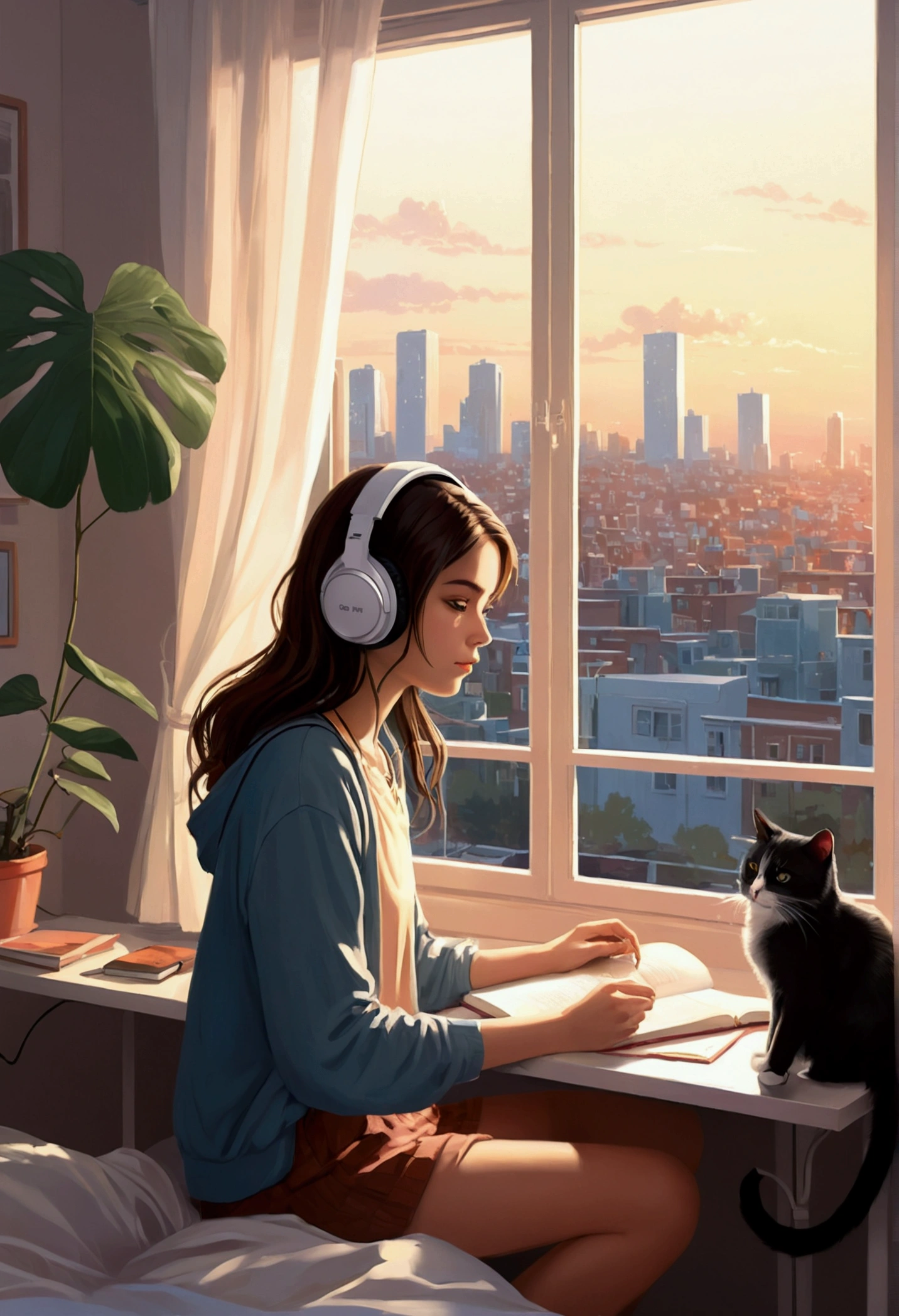 beautiful girl, Study in your room, With headphones, Cat and, Window with a City, Lo-fi illustration style.