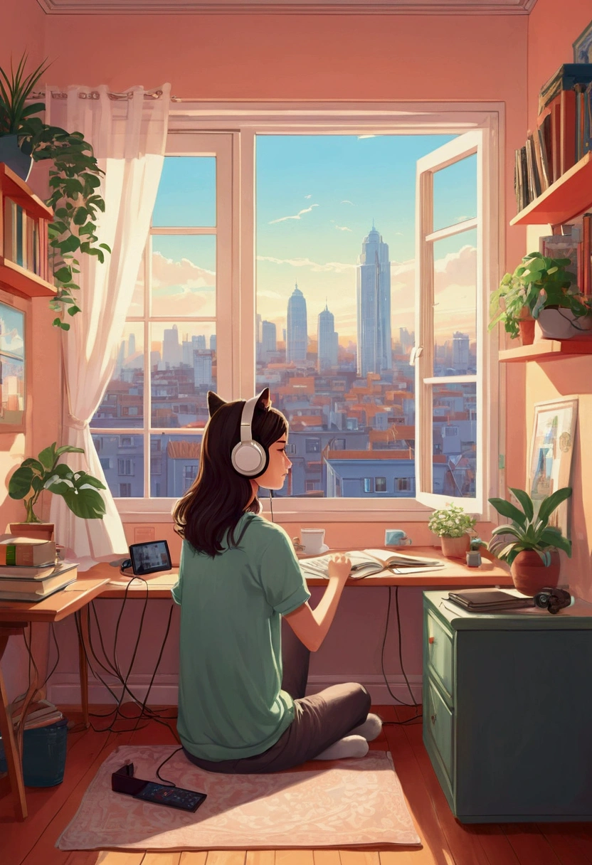beautiful girl, Study in your room, With headphones, Cat and, Window with a City, Lo-fi illustration style.
