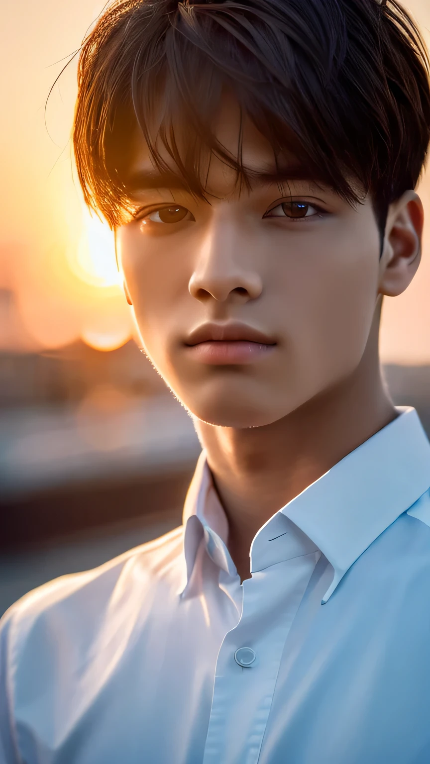 Highest quality, masterpiece, Ultra-high resolution, (Realistic: 1.4), Original photo, wallpaper, Head Photo, skin, Simple Background, Iris, detailed, Selfie, 1 boy, 18-year-old, good looking, Wind,suit、Sunset