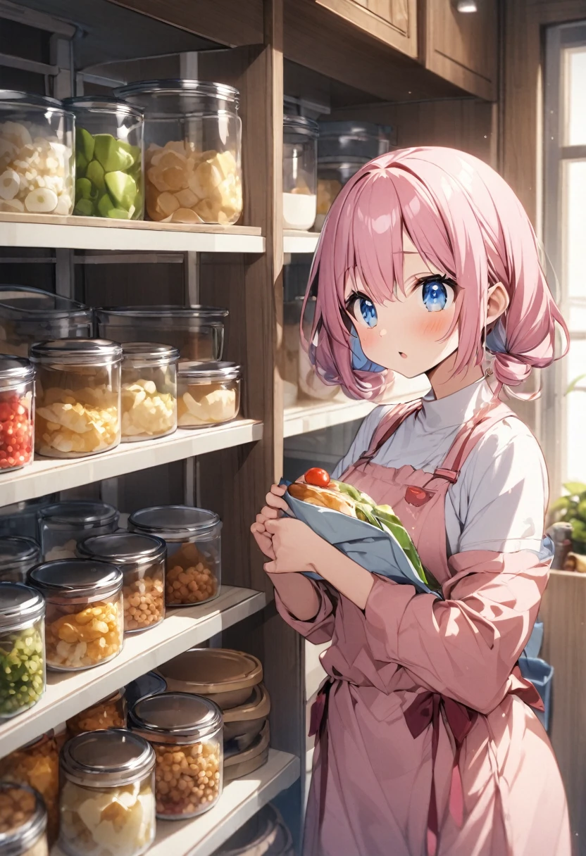 Pantry、Food Storage、Girl with pink hair、blue eyes、Twin Drill