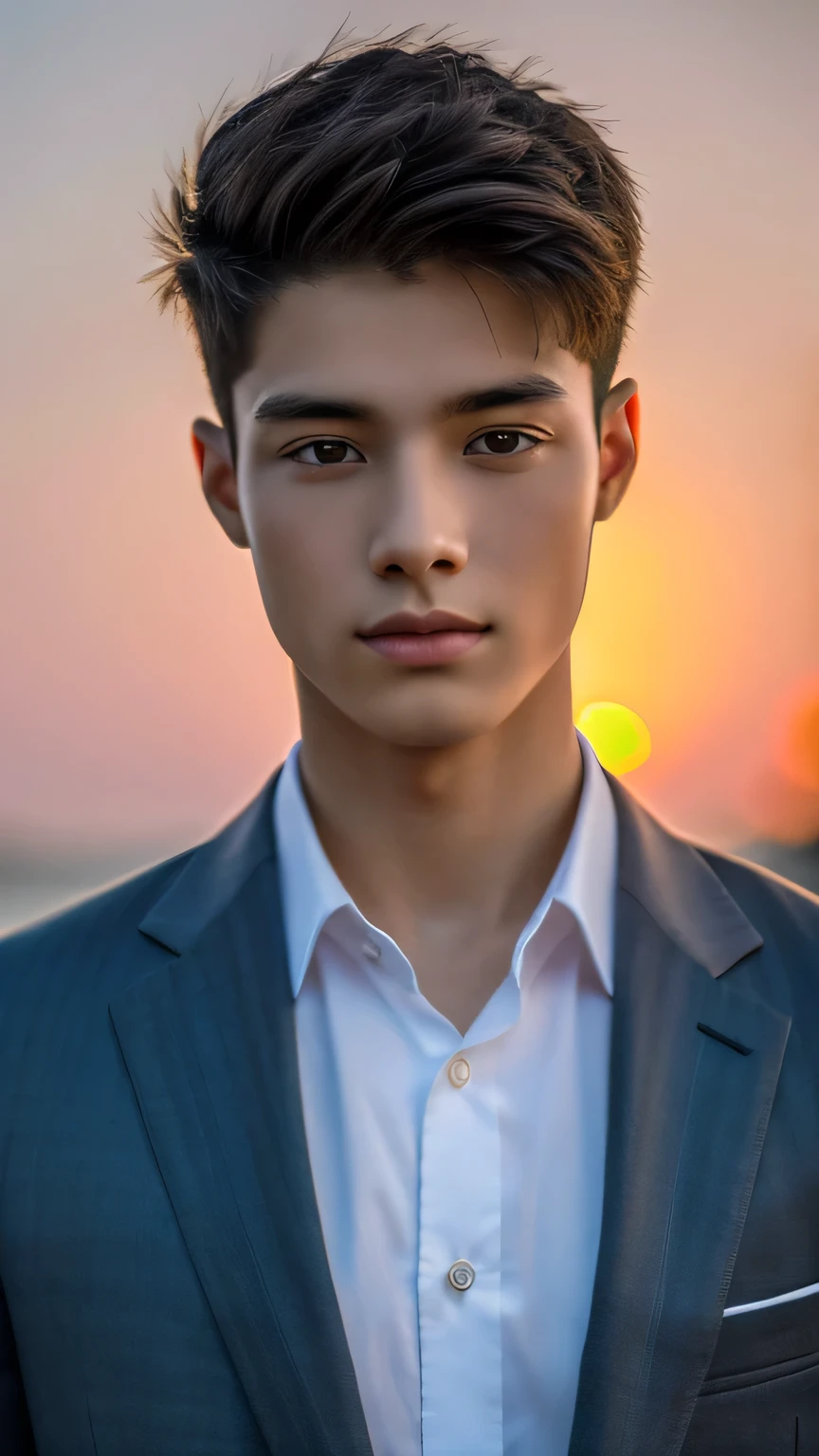 Highest quality, masterpiece, Ultra-high resolution, (Realistic: 1.4), Original photo, wallpaper, Head Photo, skin, Simple Background, Iris, detailed, Selfie, 1 boy, 18-year-old, good looking, Wind,suit、Sunset