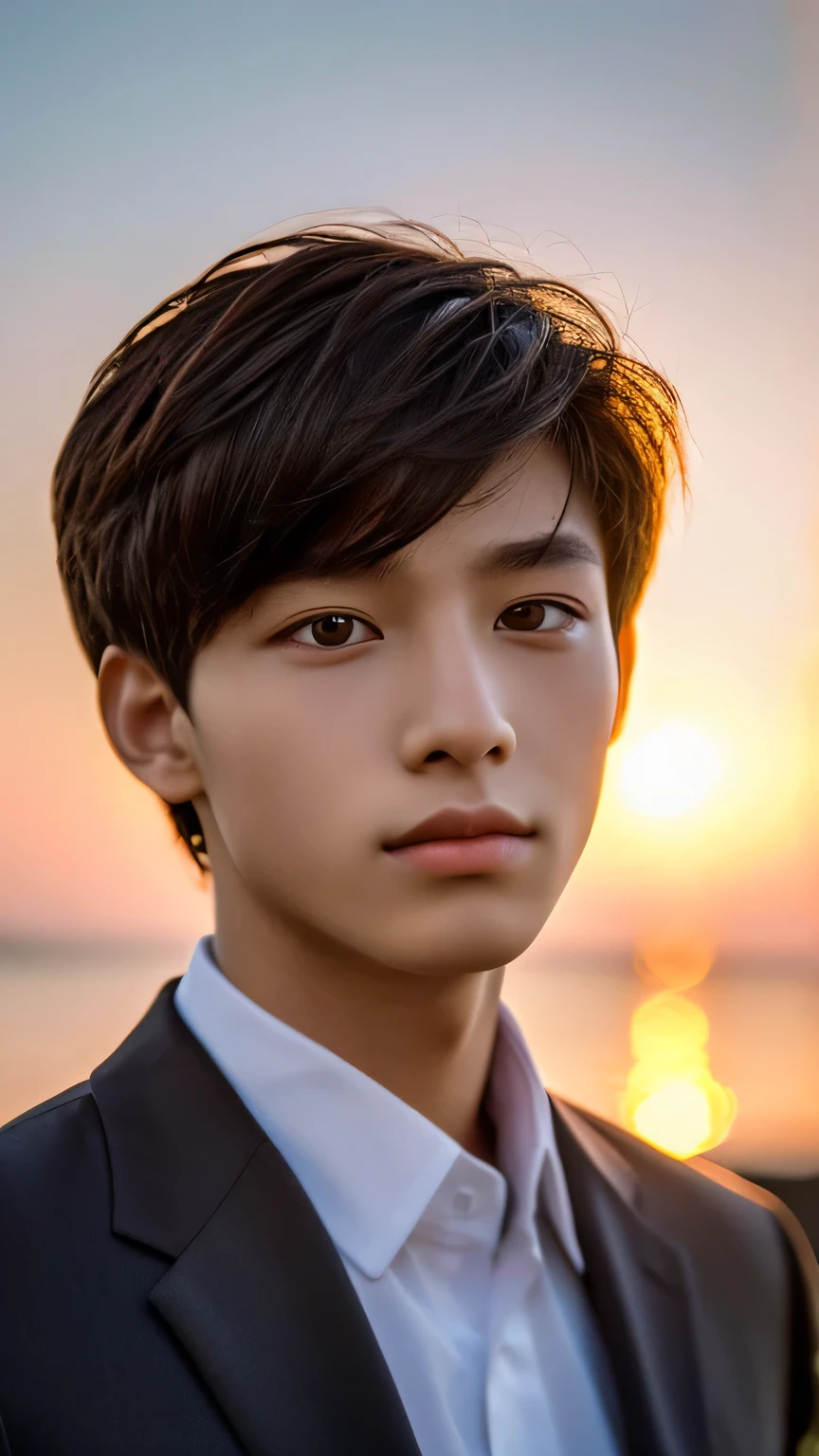 Highest quality, masterpiece, Ultra-high resolution, (Realistic: 1.4), Original photo, wallpaper, Head Photo, skin, Simple Background, Iris, detailed, Selfie, 1 boy, 18-year-old, good looking, Wind,suit、Sunset