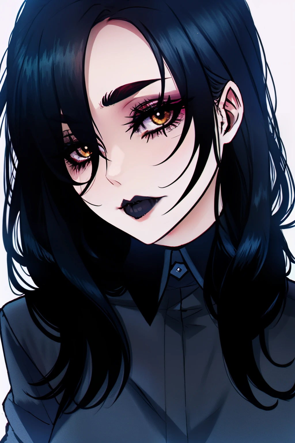 ratatatat74, 1girl, black hair, goth, eyeliner, close up, closeup