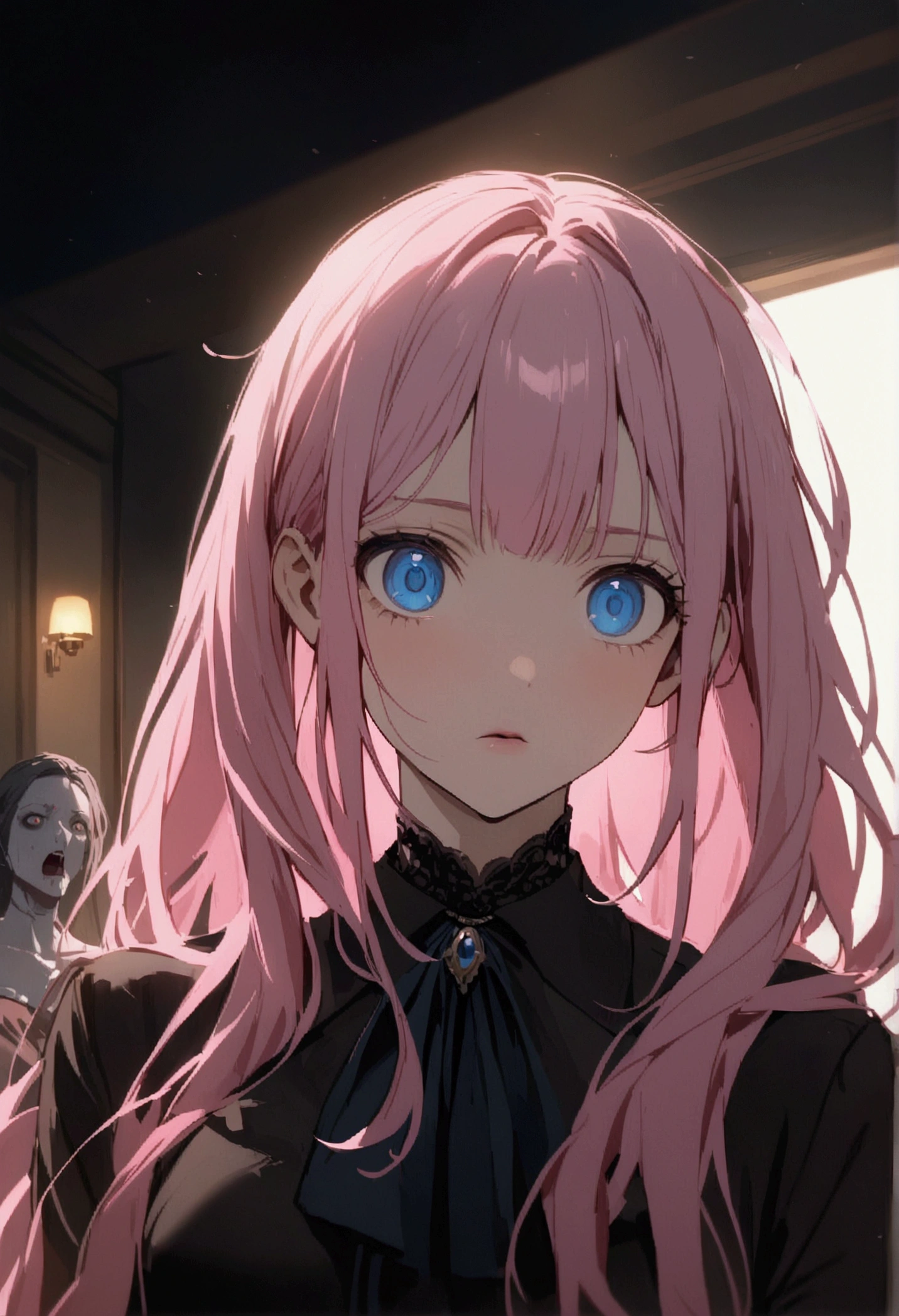 rot、body、zombie、、Girl with pink hair、blue eyes、Twin Drill、A scene from a movie