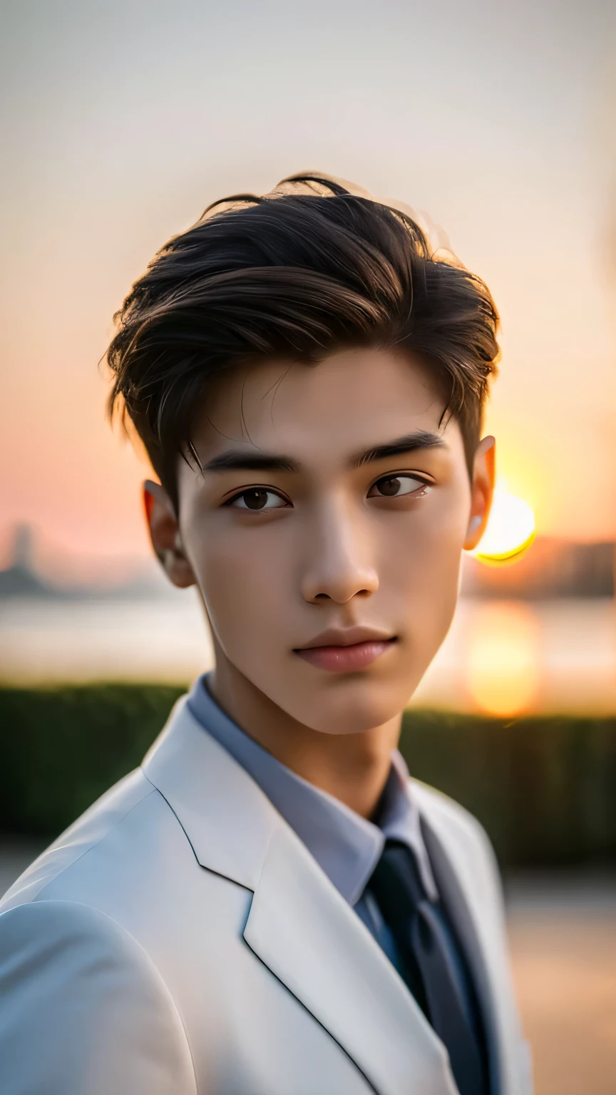 Highest quality, masterpiece, Ultra-high resolution, (Realistic: 1.4), Original photo, wallpaper, Head Photo, skin, Simple Background, Iris, detailed, Selfie, 1 boy, 18-year-old, good looking, Wind,suit、Sunset