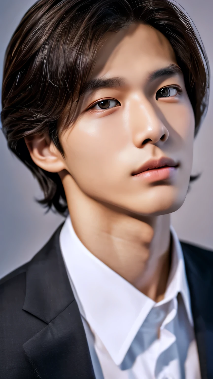Highest quality, masterpiece, Ultra-high resolution, (Realistic: 1.4), Original photo, wallpaper, Head Photo, skin, Simple Background, Iris, detailed, Selfie, 1 boy, 18-year-old, good looking, Wind,suit、night