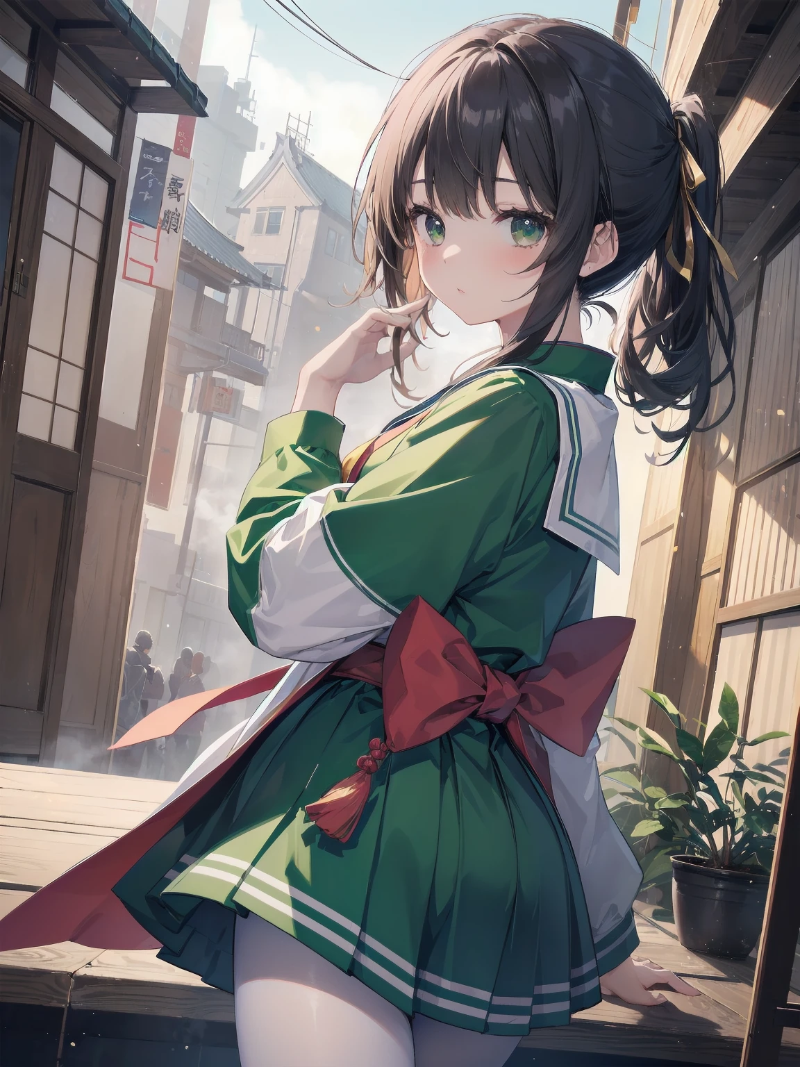 Masterpiece, illustration, super detailed, kawaii, one girl, 独奏, slender , Japanese girl, chou chou, ribbon, nape of neck, low ponytail, cute pose in Less revealing attire, (green sailor outfit, two gold lines), large gold ribbon, priss skirt, black pantyhose, , Long Sleeves, White innerwear for sailor suit, living room, cowgirl shot, sfw, dynamic angle、Close-up on the characters、(building, city、A dense fog of fluorescent particles、1800Era、Japanese Style、Fiction、grow、Overwhelming、Detailed street)、A beautiful girl with a beautiful background and a super cute pose