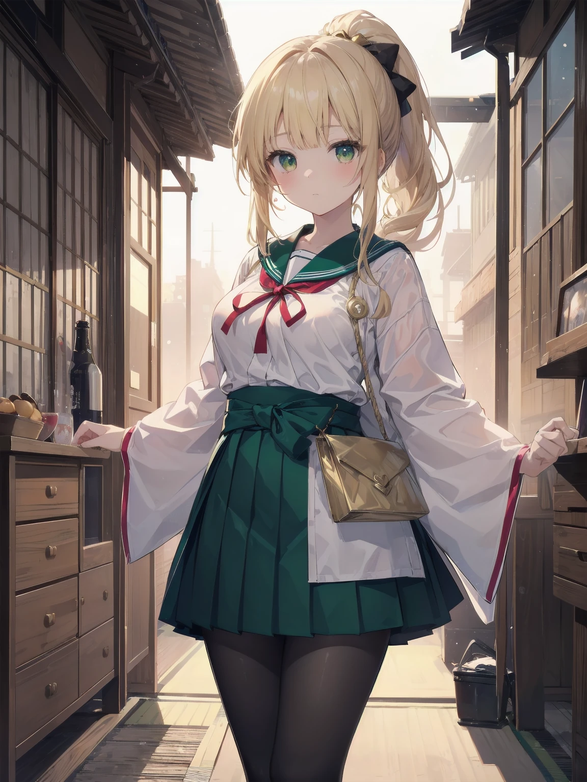 Masterpiece, illustration, super detailed, kawaii, one girl, 独奏, slender 14 year old, Japanese girl, chou chou, ribbon, nape of neck, low ponytail, cute pose in Less revealing attire, (green sailor outfit, two gold lines), large gold ribbon, priss skirt, black pantyhose, , Long Sleeves, White innerwear for sailor suit, living room, cowgirl shot, sfw, dynamic angle、Close-up on the characters、(building, city、A dense fog of fluorescent particles、１８００Era、Japanese Style、Fiction、grow、Overwhelming、Detailed street）、A beautiful girl with a beautiful background and a super cute pose
