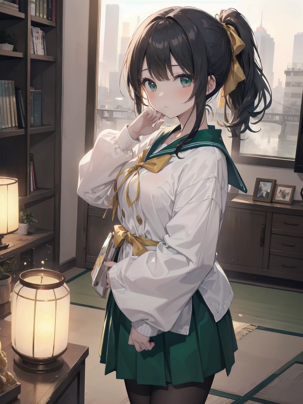 Masterpiece, illustration, super detailed, kawaii, one girl, 独奏, slender 14 year old, Japanese girl, chou chou, ribbon, nape of neck, low ponytail, cute pose in Less revealing attire, (green sailor outfit, two gold lines), large gold ribbon, priss skirt, black pantyhose, , Long Sleeves, White innerwear for sailor suit, living room, cowgirl shot, sfw, dynamic angle、Close-up on the characters、(building, city、A dense fog of fluorescent particles、1800Era、Japanese Style、Fiction、grow、Overwhelming、Detailed street)、A beautiful girl with a beautiful background and a super cute pose