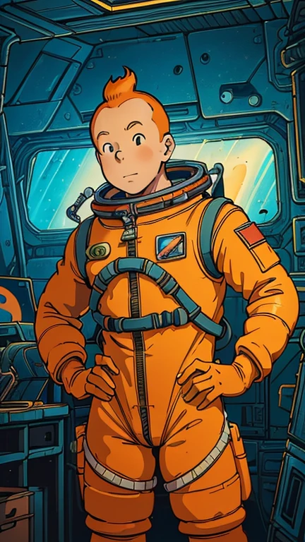 (Teens:1man: Tintin), (extremely detailed CG unit 8k wallpaper),(master part), (best quality), (ultra detali), (best illustration),(takahashi rumiko), cowboy shot, (Sharp eyeliner, ombre, detailed eyes:1),Dark midnight derelict spaceship interiors background, ,break , (astronaut in an orange space suit), upper body, short hair, orange hair