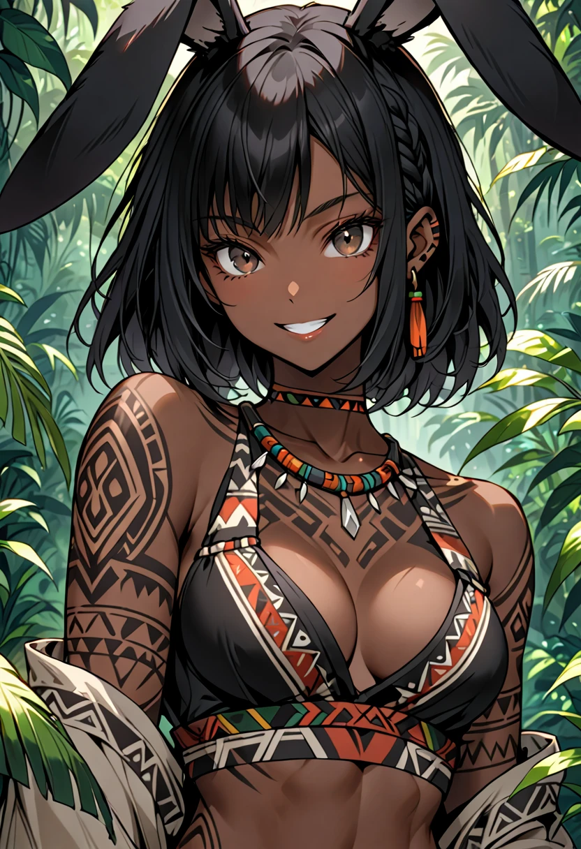 1 girl, (dark skinned female, black hair:1.4), black eyes, tribal girl, tribal accessories, naked, tribal tattoos, smirk, Island background, masterpiece, best quality, black nipples 