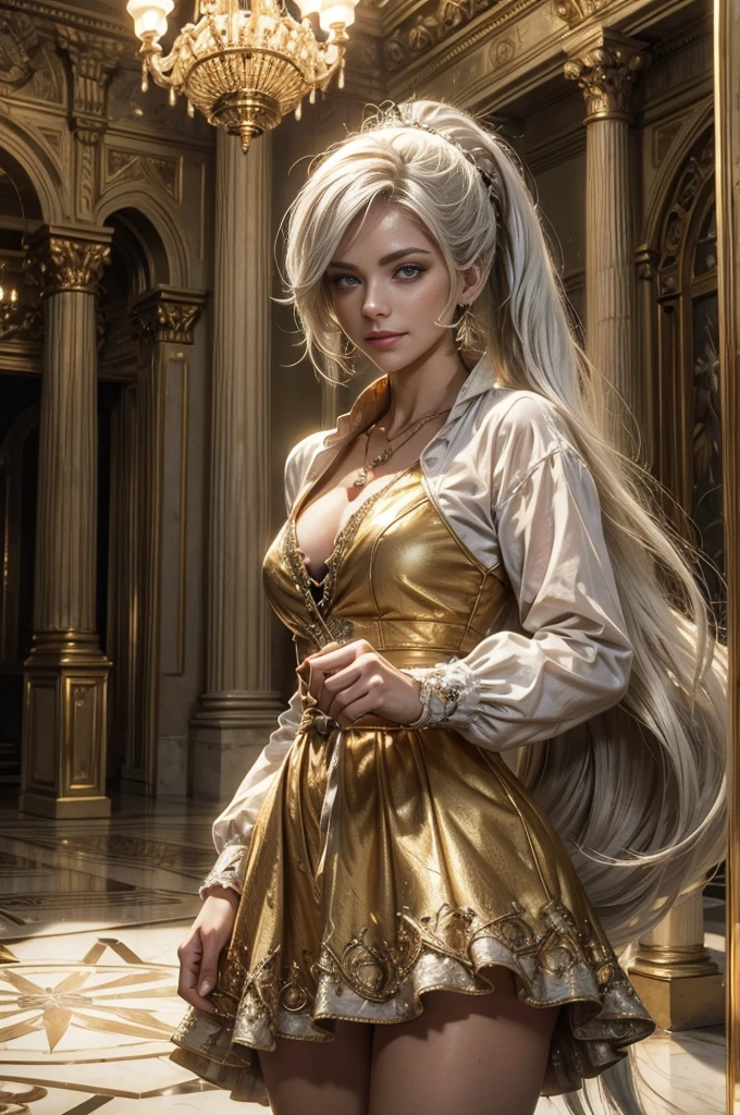 (masterpiece, best quality:1.2), cowboy shot, dynamic pose, weissvale, smile, closed mouth,  looking at viewer, long white hair, side ponytail, scar above eye, scar below eye, gold dress,  jewelry, necklace, earrings, future_urban, indoors, standing inside ornate palace, elegant crowd, marble floor, chandeliers, arch, pillars, (volumetric lighting), intricate details, tonemapping, sharp focus, hyper detailed 