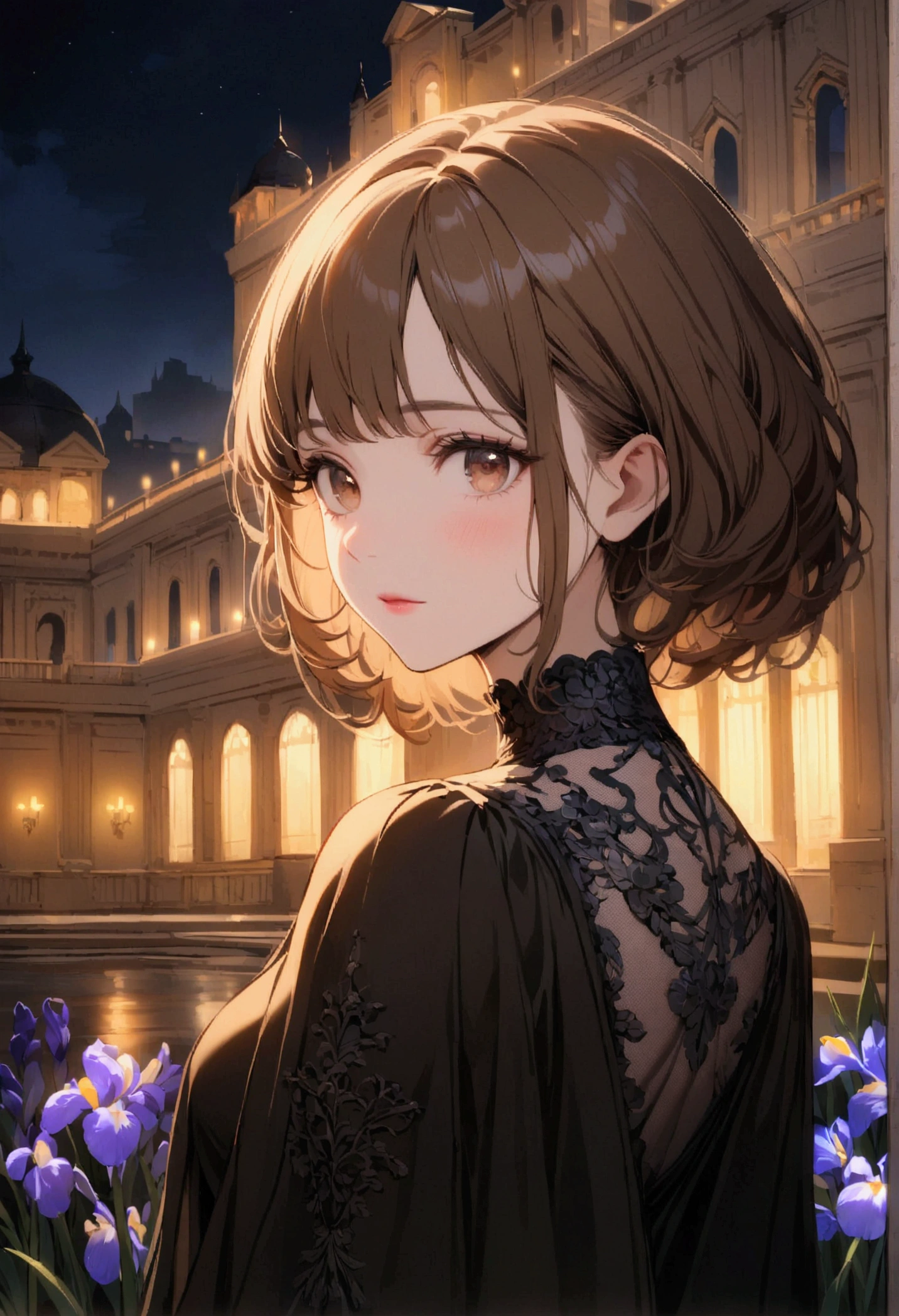 Woman with long brown hair, Iris, Palace at Night