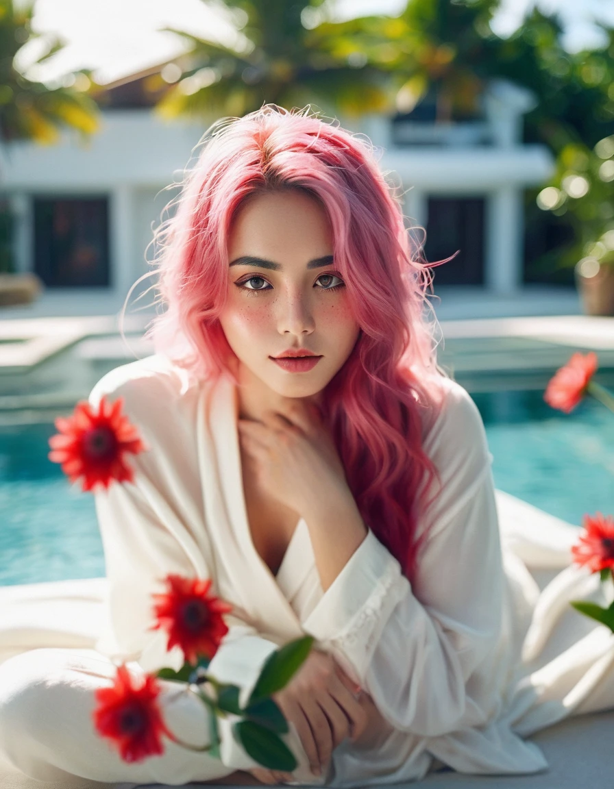 Beautiful woman with long pink hair( white blanket blouse), In front of her is a red flower covering one eye and part of her face., Natural light,sitting outside the pool in the maldives , Bright colors, Bokeh style, Styles of ultra-fine details, High-quality photos,Long-distance shots
