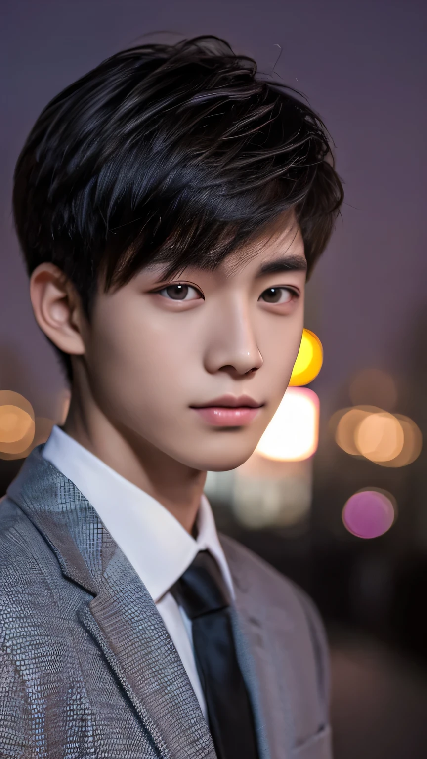 Highest quality, masterpiece, Ultra-high resolution, (Realistic: 1.4), Original photo, wallpaper, Head Photo, skin, Simple Background, Iris, detailed, Selfie, 1 boy, 18-year-old, good looking, Wind,suit、night