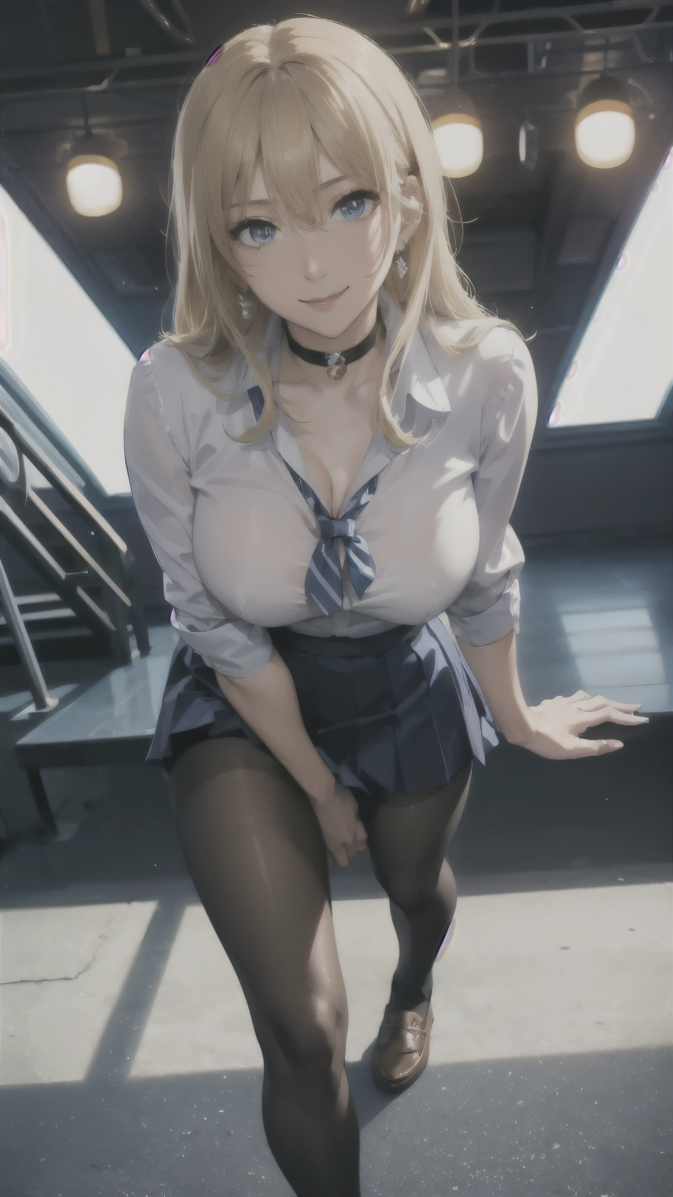((on stage)),((high school girl)),((school uniform)),((White blouse)),(((Pleated mini skirt))), ((A shy smile)),((Beautiful legs)),((Beautiful feet)),Ultra-high resolution, Mature Woman, Mature Woman, Very detailed, ((Big Breasts)), Perfect hands, Detailed fingers, Beautiful details, (((school uniform))),((Long blonde hair)),Black choker, Earrings,loafers,(Black Pantyhose), (Black Stockings),Perfect Eyes, Seductive eyes, School stairs,Are standing