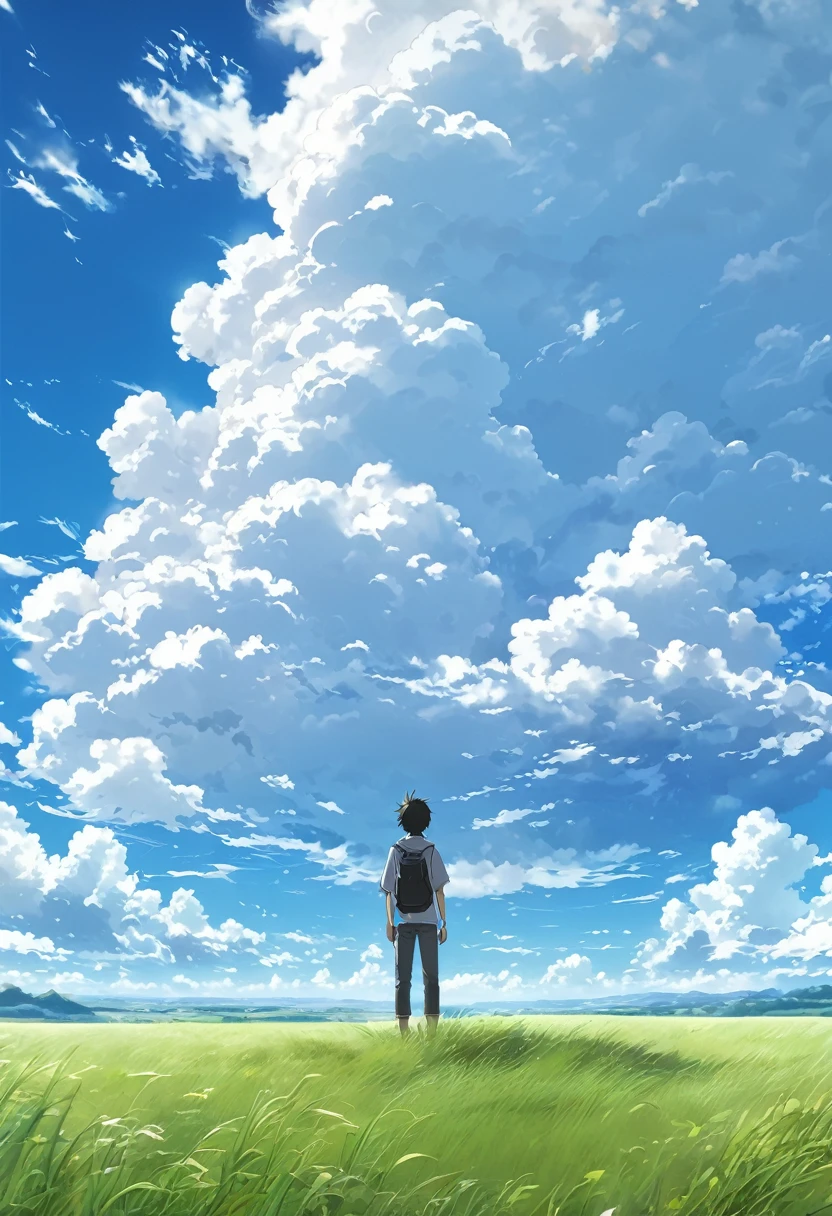 anime, anime landscape, guy looking at clouds, in a grassland, creative, realist, white clouds, blue sky, landscape amazing, guy looking away from camera, wide photo, realistic grass, birds flying