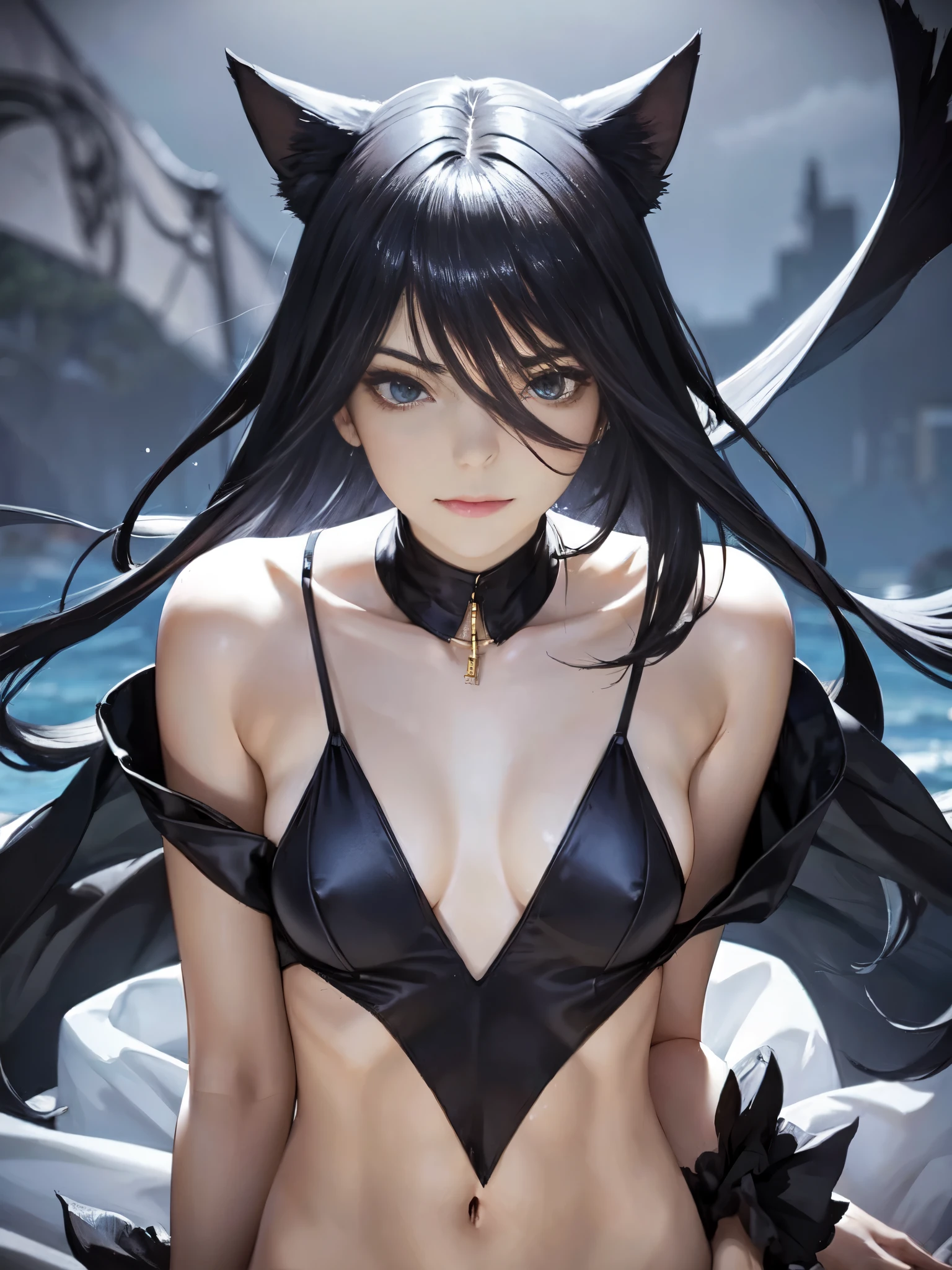 very young slim fit girl, full body shot, rounded face, very short disheveled dark blue hair, big yellow eyes, shy smile, perfect flat breast, band on head with fake cat ears, look at you, (ahoge:1.2), megane, sashagrey, a strand of hair from the bangs hangs between the eyes, accurate small snub nose, 16k, masterpiece, realistic style, perfect fingers, succubus girl