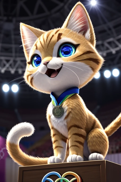 (Highest quality、masterpiece、8k))、Anatomically correct、Very detailed、High resolution、Realistic、((Beautiful, sparkling, detailed eyes))、Intricate details、Cinematic lighting、((Dynamic composition))、kitten、Big head、Olympic会場、Enthusiasm、Olympics、Olympicマーク、athlete、athlete、会場を埋め尽くすたくさんのkitten、Festival of Peace、((Olympic))、gold medal、silver medal。bronze medal、Three different colored cats、Podium