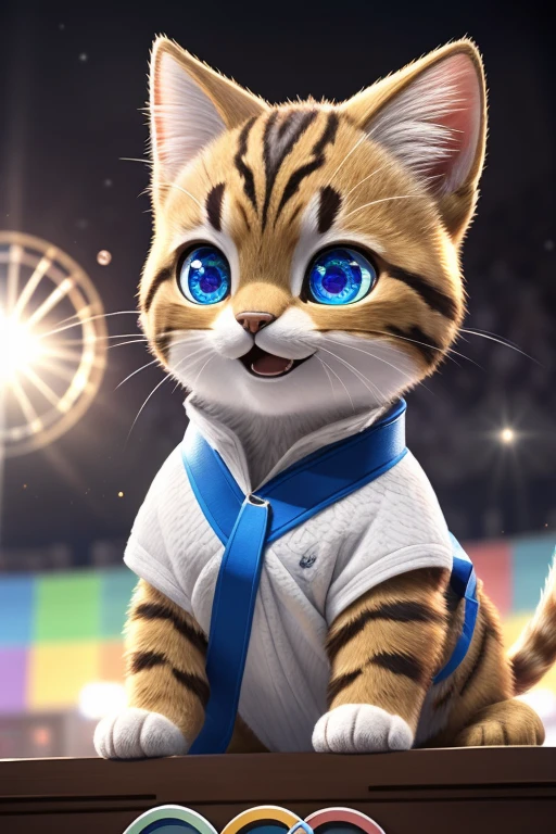 (Highest quality、masterpiece、8k))、Anatomically correct、Very detailed、High resolution、Realistic、((Beautiful, sparkling, detailed eyes))、Intricate details、Cinematic lighting、((Dynamic composition))、kitten、Big head、Olympic会場、Enthusiasm、Olympics、Olympicマーク、athlete、athlete、会場を埋め尽くすたくさんのkitten、Festival of Peace、((Olympic))、Three different colored cats、パリOlympics、Eiffel Tower、Projection Mapping