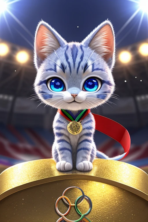 (Highest quality、masterpiece、8k))、Anatomically correct、Very detailed、High resolution、Realistic、((Beautiful, sparkling, detailed eyes))、Intricate details、Cinematic lighting、((Dynamic composition))、kitten、Big head、Olympic会場、Enthusiasm、Olympics、Olympicマーク、athlete、athlete、会場を埋め尽くすたくさんのkitten、Festival of Peace、((Olympic))、Three different colored cats、パリOlympics、Eiffel Tower、Projection Mapping