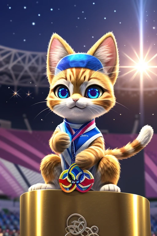 (Highest quality、masterpiece、8k))、Anatomically correct、Very detailed、High resolution、Realistic、((Beautiful, sparkling, detailed eyes))、Intricate details、Cinematic lighting、((Dynamic composition))、kitten、Big head、Olympic会場、Enthusiasm、Olympics、Olympicマーク、athlete、athlete、会場を埋め尽くすたくさんのkitten、Festival of Peace、((Olympic))、Three different colored cats、パリOlympics、Eiffel Tower、Projection Mapping