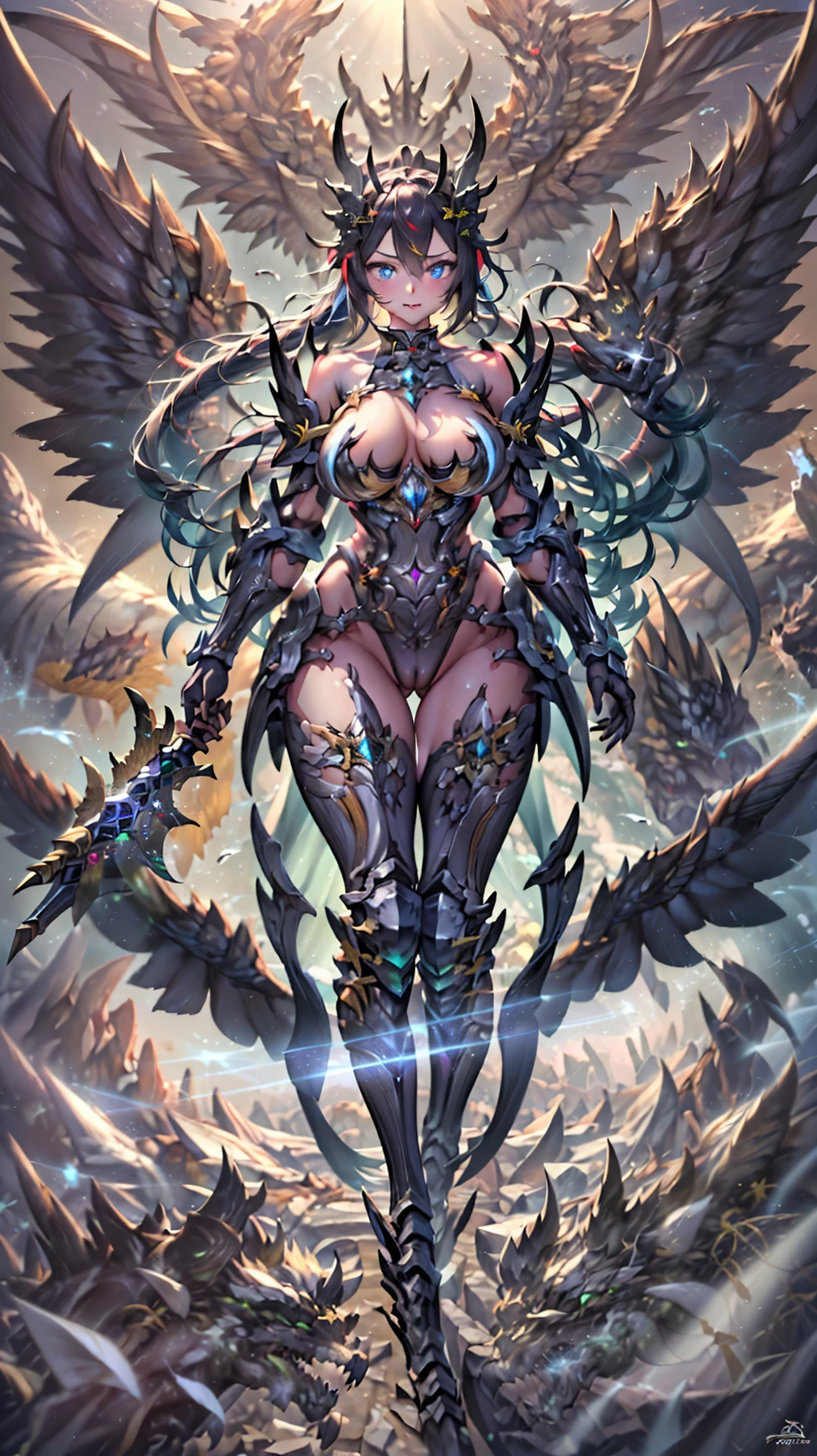 battlemech,(Blonde girl),(Huge ponytail),Glowing blue eyes,Blue Light Energy Longsword,Galactic,Mechanical and exquisite,((Blonde Beauty))pubic detail,Mech Wings,elegent,blue mecha,Glowing blue-blue eyes,(Stocking Heels),land,Mechanical and exquisite,pubic detail,Mech Wings,elegent,The tree々,There are hands and feet,angled,angled,immensity,wind,hazy,Mecha's eyes glow blue,blue mecha,Glowing blue-blue eyes,Holding the sword of delicate light energy,Sky,Mechanical and exquisite,pubic detail,Huge Mech Wings,elegent,The tree々,There are hands and feet,angled,angled,immensity,baiyun,hazy,Mecha's eyes glow blue,pubic detail,winds of the future,sacredness,Cavalier,battlemech,Glowing blue eyes,Blue Delicate Sniper Rifle,Sky,Mechanical and exquisite,pubic detail,Huge Mech Wings,elegent,The tree々,There are hands and feet,angled,angled,immensity,baiyun,hazy,Mecha's eyes glow blue,pubic detail,winds of the future,sacredness,Cavalier,the face is clear,Face wearing mask armor,masterpaintings,best qualtiy,offcial art,the Extremely Detailed CG Unity 8K Wallpapers,brightened light,(light particules,(Illustration)(colour)goodlooking,impeccable,((Graphic Painting)),(Heavier stroke)),(bold lines),Highest image quality,masterpaintings,Filigree,long eyeslashes,(((silhuette))),Very detailed background,tulips,Banana leaves,Lilie,dew,Date palm flowers,Ryu,Light white off-the-shoulder dresottled sunlight,(Close-up of people),((Super best quality)), ((A very masterpiece)), ((super detailing:1.4)), ((hyper realistic lifelike 3d)), Dragon Warrior Girl, Mechanical body, Dynamic action poses in battle scenes, Mechanical weapons of very complex and heavy fighters, Off-the-shoulder fashion that blends dense and complex steampunk with dense gothic ta, Complex steampunk headgear, very thin long legs, Mechanical boots above the knee, Fluttering lace flared mini skirt, beautiful big breasts directed upwards,Somewhat long, Vertical curly silver hair fluttering in the wind,Countless shining large sphe