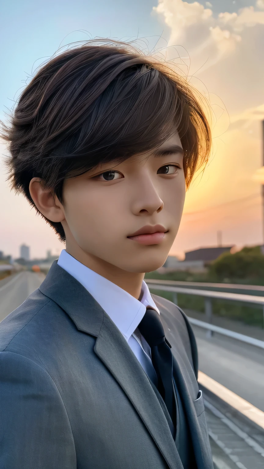 Highest quality, masterpiece, Ultra-high resolution, (Realistic: 1.4), Original photo, wallpaper, Head Photo, skin, Simple Background, Iris, detailed, Selfie, 1 boy, 18-year-old, good looking, Wind,suit、Sunset