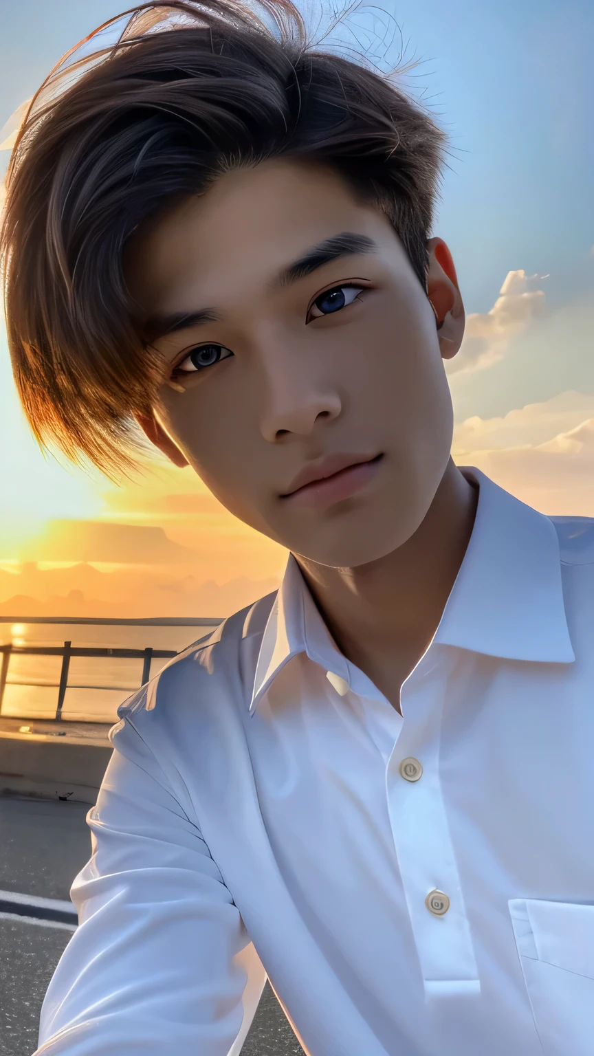 Highest quality, masterpiece, Ultra-high resolution, (Realistic: 1.4), Original photo, wallpaper, Head Photo, skin, Simple Background, Iris, detailed, Selfie, 1 boy, 18-year-old, good looking, Wind,suit、Sunset