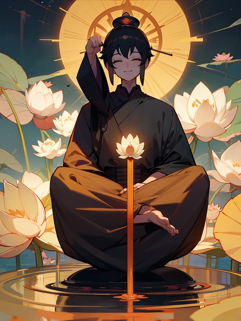 Amitabha Buddha Smile Lotus Flower Zen Meditation Prayer Black Hair Halo Pure Land Thin Eyes